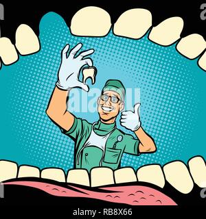 Bouche sans dent. Dentiste médecin homme joyeux. Comic cartoon retro pop art dessin illustration vectorielle Illustration de Vecteur