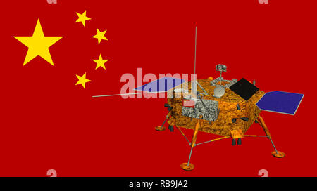 La sonde lunaire Chang'e 4 s'est posé sur la surface de la lune le 3 janvier 2019 avec le drapeau de la Chine dans l'arrière-plan. 3D illustration Banque D'Images