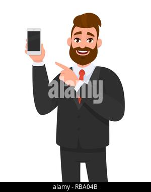 Homme d'affaires barbu attrayant tenant/montrant un smartphone/téléphone portable/téléphone portable flambant neuf en main et pointant l'index vers. Émotion humaine Illustration de Vecteur
