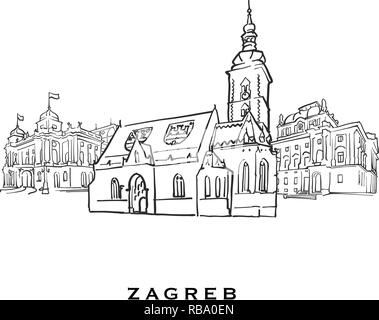 Zagreb Croatie célèbre l'architecture. Croquis vecteur décrit séparés sur fond blanc. Dessins d'architecture de toutes les capitales européennes. Illustration de Vecteur