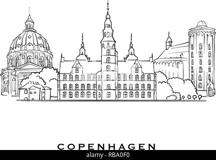 Danemark Copenhague célèbre l'architecture. Croquis vecteur décrit séparés sur fond blanc. Dessins d'architecture de toutes les capitales européennes. Illustration de Vecteur