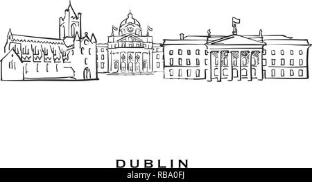 Irlande Dublin célèbre l'architecture. Croquis vecteur décrit séparés sur fond blanc. Dessins d'architecture de toutes les capitales européennes. Illustration de Vecteur