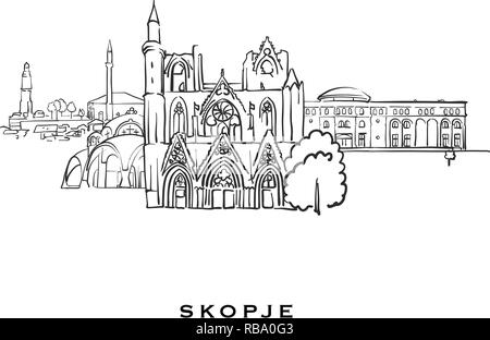 Skopje Macédoine célèbre l'architecture. Croquis vecteur décrit séparés sur fond blanc. Dessins d'architecture de toutes les capitales européennes. Illustration de Vecteur