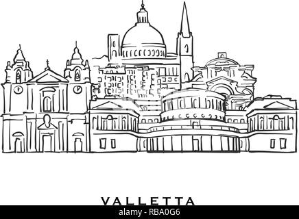 La Valette Malte célèbre l'architecture. Croquis vecteur décrit séparés sur fond blanc. Dessins d'architecture de toutes les capitales européennes. Illustration de Vecteur