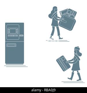 Vector illustration avec deux filles utilisent ATM services. Carte bancaire, porte-monnaie, billet, monnaie. La gestion des finances personnelles. Pour la conception d'affiches, bannières ou prin Illustration de Vecteur