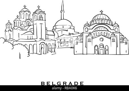 Belgrade Serbie célèbre l'architecture. Croquis vecteur décrit séparés sur fond blanc. Dessins d'architecture de toutes les capitales européennes. Illustration de Vecteur