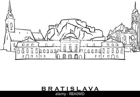 Slovaquie Bratislava célèbre l'architecture. Croquis vecteur décrit séparés sur fond blanc. Dessins d'architecture de toutes les capitales européennes. Illustration de Vecteur