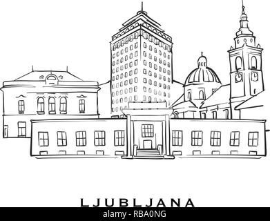 Ljubljana Slovénie célèbre l'architecture. Croquis vecteur décrit séparés sur fond blanc. Dessins d'architecture de toutes les capitales européennes. Illustration de Vecteur