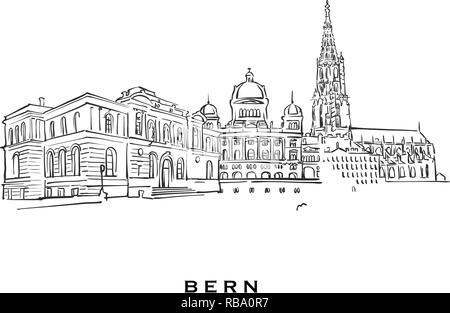 Berne Suisse célèbre l'architecture. Croquis vecteur décrit séparés sur fond blanc. Dessins d'architecture de toutes les capitales européennes. Illustration de Vecteur