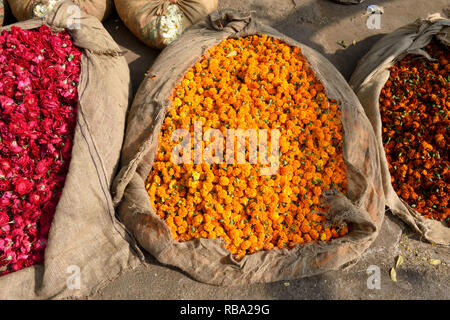 Sacs de tissu indien fraîchement récolté et marigold fleurs rose sur l'écran dans un marché aux fleurs à Jaipur, Rajasthan, Inde. Banque D'Images