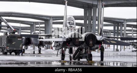 Les membres du groupe de maintenance 366vérifier plus de F-15E STrike Eagles après effacement de la neige et de la glace, 5 janvier 2017, à Mountain Home Air Force Base, Texas. Après des heures d'effacer l'enregistrement de la piste de neige, les opérations de vol ont été en mesure de reprendre. Banque D'Images