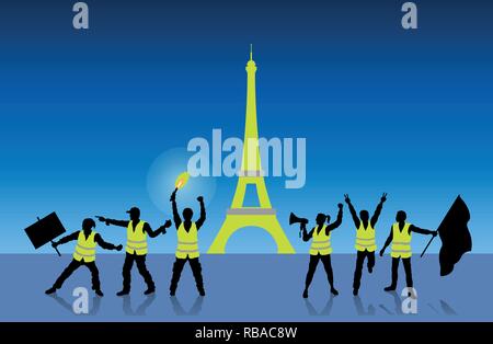 Jaune manifestation à Paris France en face de la Tour Eiffel. Tous les objets, les ombres et l'arrière-plan sont dans des couches différentes. Illustration de Vecteur