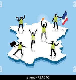 Jaune protestataires ower France 3D de la carte. Tous les objets, les ombres et l'arrière-plan sont dans des couches différentes. Illustration de Vecteur