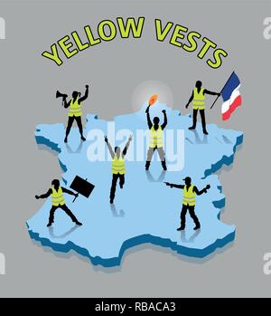 Gilets jaunes silhouettes ower France mouvement 3D de la carte. Tous les objets, les ombres et l'arrière-plan sont dans des couches différentes. Illustration de Vecteur