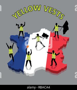 Gilets jaunes manifestants français ower France 3D de la carte. Tous les objets, les ombres et l'arrière-plan sont dans des couches différentes. Illustration de Vecteur