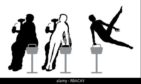 L'homme obèse eating fast food et la perte de poids avec cheval-arçons gymnastic. Tous les objets sont dans des couches différentes. Illustration de Vecteur