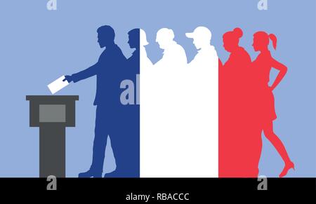 Les électeurs français foule silhouette comme drapeau de la France en votant pour l'élection. Tous les objets, la silhouette et l'arrière-plan sont dans des couches différentes. Illustration de Vecteur