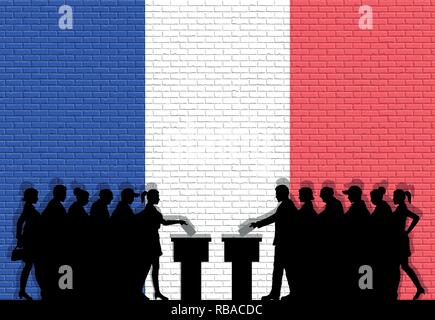 Les électeurs français foule silhouette en élection avec drapeau France graffiti dans l'avant du mur de briques. Tous les objets de la silhouette, icônes et arrière-plan dans le d Illustration de Vecteur