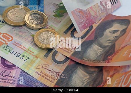 Bank of Scotland, Clydesdale & plastique RBS €5 €10 5 lb et 10 lb de billets de banque, de pièces de monnaie Banque D'Images
