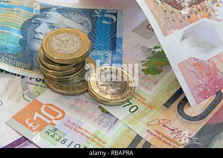 Bank of Scotland, Clydesdale & plastique RBS €5 €10 5 lb et 10 lb de billets de banque, de pièces de monnaie Banque D'Images