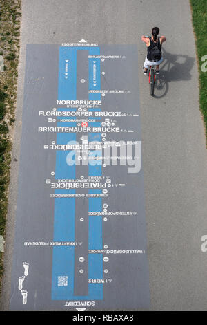 Cycle path vienne, vue arrière d'une jeune femme équitation son vélo sur une piste cyclable sur l'île du Danube de Donauinsel à Vienne, Vienne (Autriche). Banque D'Images