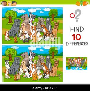 Cartoon Illustration de trouver dix Différences entre images jeu éducatif pour les enfants avec des chiens de race caractères Animaux Illustration de Vecteur