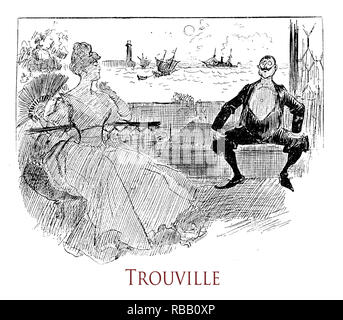 Vintage de l'humour:les vacances d'été d'un couple à la mode sur la mer à Trouville, sur la côte normande. 'La vie Parisienne' magazine satirique français, l'année 1888 Banque D'Images