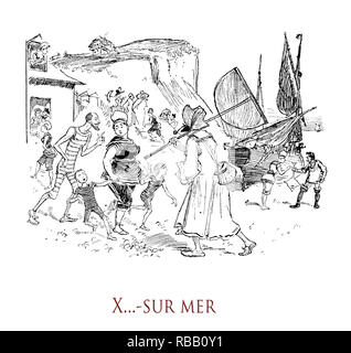 Vintage de l'humour et du plaisir : les vacances d'été avec la famille sur la mer à un emplacement pittoresque générique fisher français. 'La vie Parisienne' magazine satirique français, l'année 1888 Banque D'Images