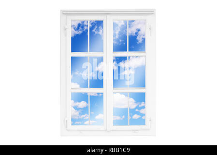 Vue par la fenêtre de nuages blancs, ciel. Concept de détente, de bonne humeur. Cadre isolé. Banque D'Images