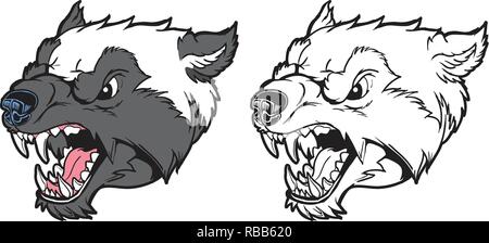 Vector Cartoon Clip Art Illiusration d'un grognement wolverine mascot head en couleur et noir et blanc. Illustration de Vecteur