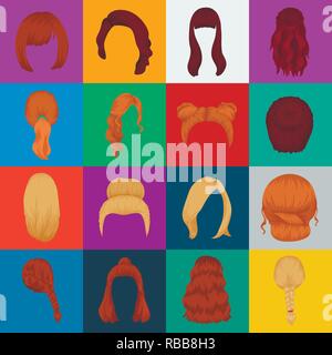 Retour,beauté,coiffure,tresse,caricature,collection,fils,DE,curl,design,mode,femelle,cheveux,coupe,coiffure,coiffure,coiffure,illustration,icône,isolé,kara,long,logo,modèle d'autres types,Peinture,rouge,galets,beauté,set,signer,spit,style,dessin,la queue,symbole,type,divers,vector,web,femme, vecteurs vecteur , Illustration de Vecteur