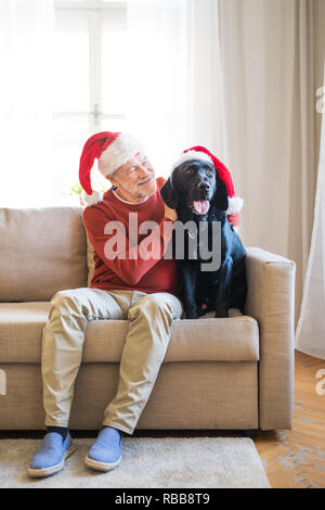 Un homme assis sur un canapé à l'intérieur avec un chien de compagnie à la maison, wearing santa hats. Banque D'Images