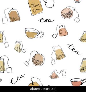 Plateau transparent thème modèle. Les sachets de thé et des tasses d'encre sur un fond blanc. Vector illustration Illustration de Vecteur