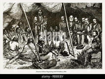 Négocier avec les soldats américains, les Indiens d'Amérique gravure, 1884 Banque D'Images
