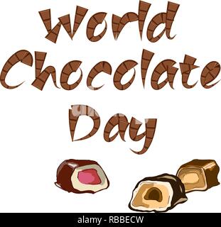 Journée mondial du chocolat avec du texte à partir d'arrière-plan avec des barres de chocolat et morceaux de chocolats. Vector illustration Illustration de Vecteur