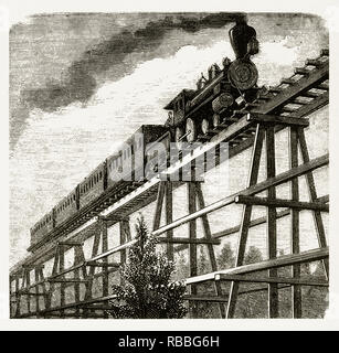 Traversée d'un pont Tressel de locomotive, Pan Pacific Railway, 1877 Gravure Banque D'Images