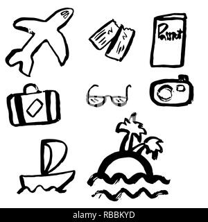 Grunge travel icons set. Hand drawn vector illustration. Illustration de Vecteur