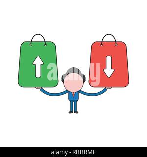 Vector illustration concept de caractère businessman holding shopping bags avec des flèches qui se déplacent vers le haut et vers le bas. Couleur et contours noirs. Illustration de Vecteur