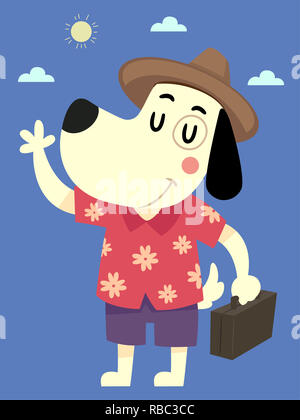Illustration d'une mascotte chien avec Hawaiian Shirt forme et l'exécution valise Banque D'Images