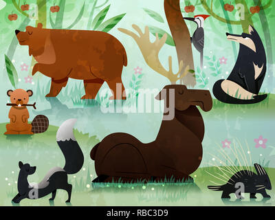 Illustration de différents animaux de la forêt de l'ours brun, l'orignal, loup, PIC, la moufette, le castor et le porc-épic eps10 Banque D'Images