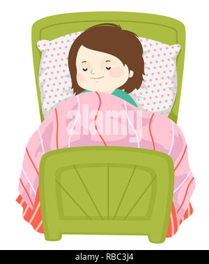 Illustration d'un Kid Girl Sleeping heureusement sur son lit Banque D'Images