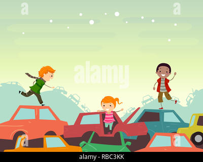 Illustration de Stickman Les enfants jouant dans le Junkyard avec de vieilles voitures Banque D'Images