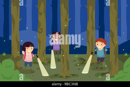 Illustration de Stickman Kids marche dans la nuit avec clignotement des feux dans la forêt Banque D'Images