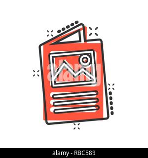 Flyer notice icône dans le style comique. Fiche technique Brochure vector cartoon illustration pictogramme. Concept d'entreprise brochure flyer effet splash. Illustration de Vecteur