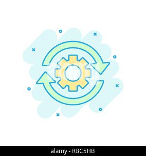 L'icône de processus de flux de travail dans le style comique. La roue dentée de l'engrenage avec des flèches vector cartoon illustration pictogramme. Concept d'affaires de workflow Splash effet. Illustration de Vecteur