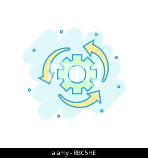 L'icône de processus de flux de travail dans le style comique. La roue dentée de l'engrenage avec des flèches vector cartoon illustration pictogramme. Concept d'affaires de workflow Splash effet. Illustration de Vecteur