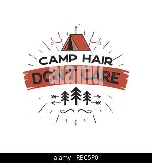 Badge de l'Aventure de plein air Camp - Don de Cheveux Soins t T-Shirt avec Design tente, arbres, symboles sunbursts. Agréable pour les amateurs de camping, pour tee, mug cadeaux autres impressions. Stock vector isolated on white Illustration de Vecteur