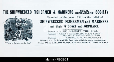 Années 1930 une publicité pour les pêcheurs et les marins naufragés Royal Benevolent Society. Banque D'Images