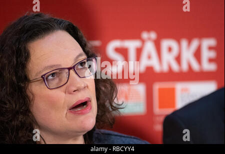 09 janvier 2019, Basse-Saxe, Osnabrück : Andrea Nahles, présidente du SPD, prend la parole à la réunion de lancement de l'annuel de l'état des groupes SPD Rhénanie du Nord-Westphalie et Basse-saxe/Bremen. Les membres du Bundestag SPD discuter de la partie en cours. Photo : Friso Gentsch/dpa Banque D'Images