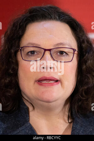 09 janvier 2019, Basse-Saxe, Osnabrück : Andrea Nahles, présidente du SPD, prend la parole à la réunion de lancement de l'annuel de l'état des groupes SPD Rhénanie du Nord-Westphalie et Basse-saxe/Bremen. Les membres du Bundestag SPD discuter de la partie en cours. Photo : Friso Gentsch/dpa Banque D'Images